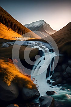 image of the slow exposure photography of water streaming down from the mountainous river.