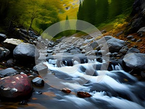 image of the slow exposure photography of water streaming down from the mountainous river.