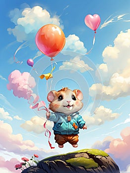 A cute hamster is floating in the air with blue balloons.