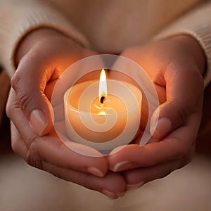 image of the small candle burning held in hands.