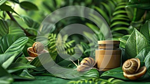 image of snail moving towards jar of snail mucin cream with green leaves, representing skincare concept photo