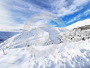 An image of snow covered Southern Apls mountains on the South Island of New Zealand in the afternoon sun