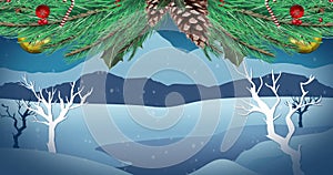 Image of snow falling over christmas decoration and with winterer view