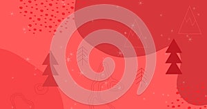 Image of snow falling over trees and christmas pattern on red background