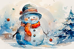 An image of a snowman wearing a Christmas hat, in the style of colorful ink wash paintings. Generative AI