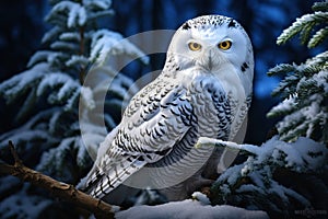 Image of snowy owl on a branch in the forest. Birds. Animals. Illustration, Generative AI