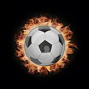 Image Soccer ball depicted amidst fiery flames on a black background