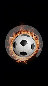 Image Soccer ball depicted amidst fiery flames on a black background