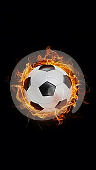 Image Soccer ball depicted amidst fiery flames on a black background