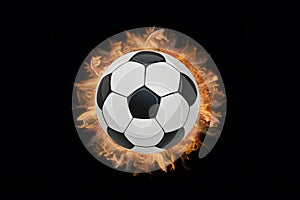 Image Soccer ball depicted amidst fiery flames on a black background