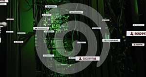 Image of social media data processing and text over green lights of computer servers