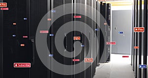 Image of social media icons against computer server room
