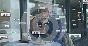 Image of social media icons and numbers over african american man using smartphone