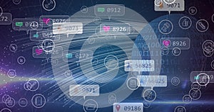 Image of social media icons and numbers over binary coding globe