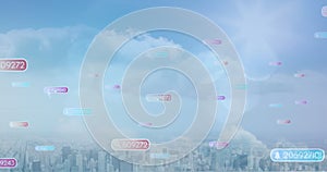 Image of social media icons with numbers over cityscape