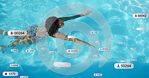 Image of social media notifications over biracial woman swimming in sunny pool