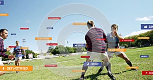 Image of social media notifications over caucasian male rugby players in match