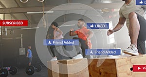 Image of social media notifications over diverse group training on boxes at gym