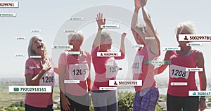 Image of social media notifications, over female runners celebrating after race