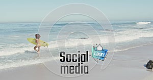 Image of social media over african american woman with surfing board walking on beach