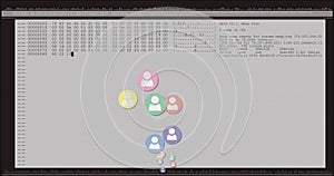 Image of social media people digital icons over data processing on computer screen