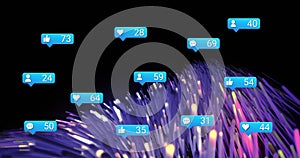 Image of social media reactions over pink and blue lights on black background