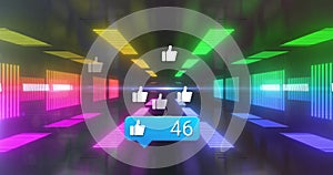 Image of social media reactions over tunnel made of moving neon lights photo