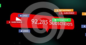 Image of social media texts over subscribers growing number on black background