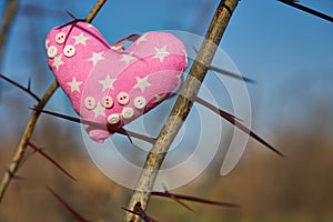 An image of a soft toy in the shape of a heart. Handicraft work