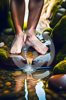 image of someone bare feet soaking and walking in a flowing river stream.