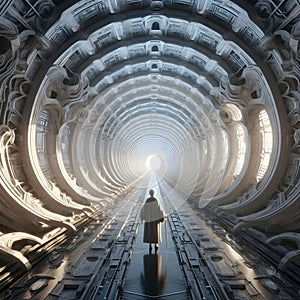 image of a someone stand in the endless passage through the long tunnel architecture building.