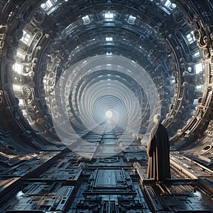 image of a someone stand in the endless passage through the long tunnel architecture building.