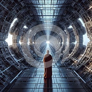 image of a someone stand in the endless passage through the long tunnel architecture building.