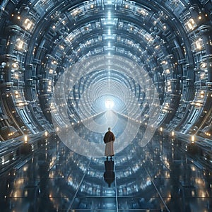 image of a someone stand in the endless passage through the long tunnel architecture building.