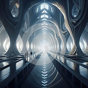 image of a someone stand in the endless passage through the long tunnel architecture building.