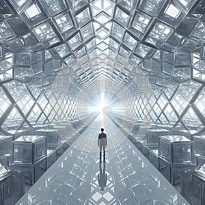 image of a someone stand in the endless passage through the long tunnel architecture building.