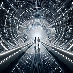 image of a someone stand in the endless passage through the long tunnel architecture building.