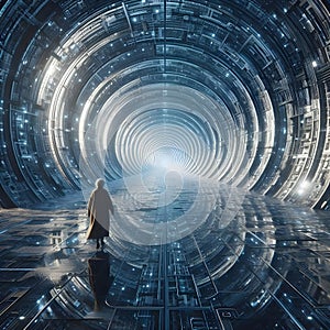 image of a someone stand in the endless passage through the long tunnel architecture building.