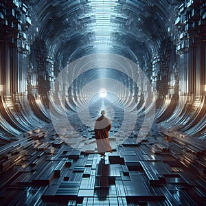 image of a someone stand in the endless passage through the long tunnel architecture building.