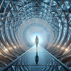 image of a someone stand in the endless passage through the long tunnel architecture building.