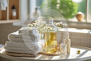 An image of a spa setting with chamomile-infused water, towels, and bath products, capturing the soothing and rejuvenating