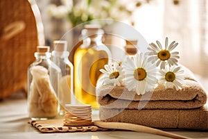 An image of a spa setting with chamomile-infused water, towels, and bath products, capturing the soothing and rejuvenating