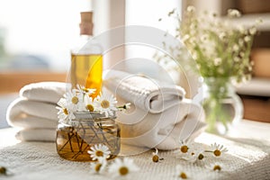 An image of a spa setting with chamomile-infused water, towels, and bath products, capturing the soothing and rejuvenating