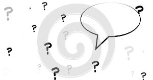 Image of speech bubble over question marks on white background