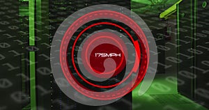 Image of speed gauge, binary coding and data processing over computer servers