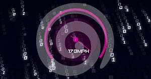 Image of speedometer over data processing on black background