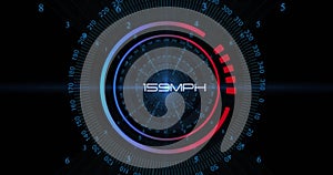 Image of speedometer over data processing on black background