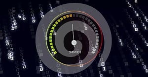 Image of speedometer over data processing on black background