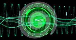 Image of speedometer over data processing on black background