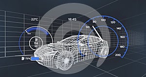 Image of speedometer over electric car project on navy background